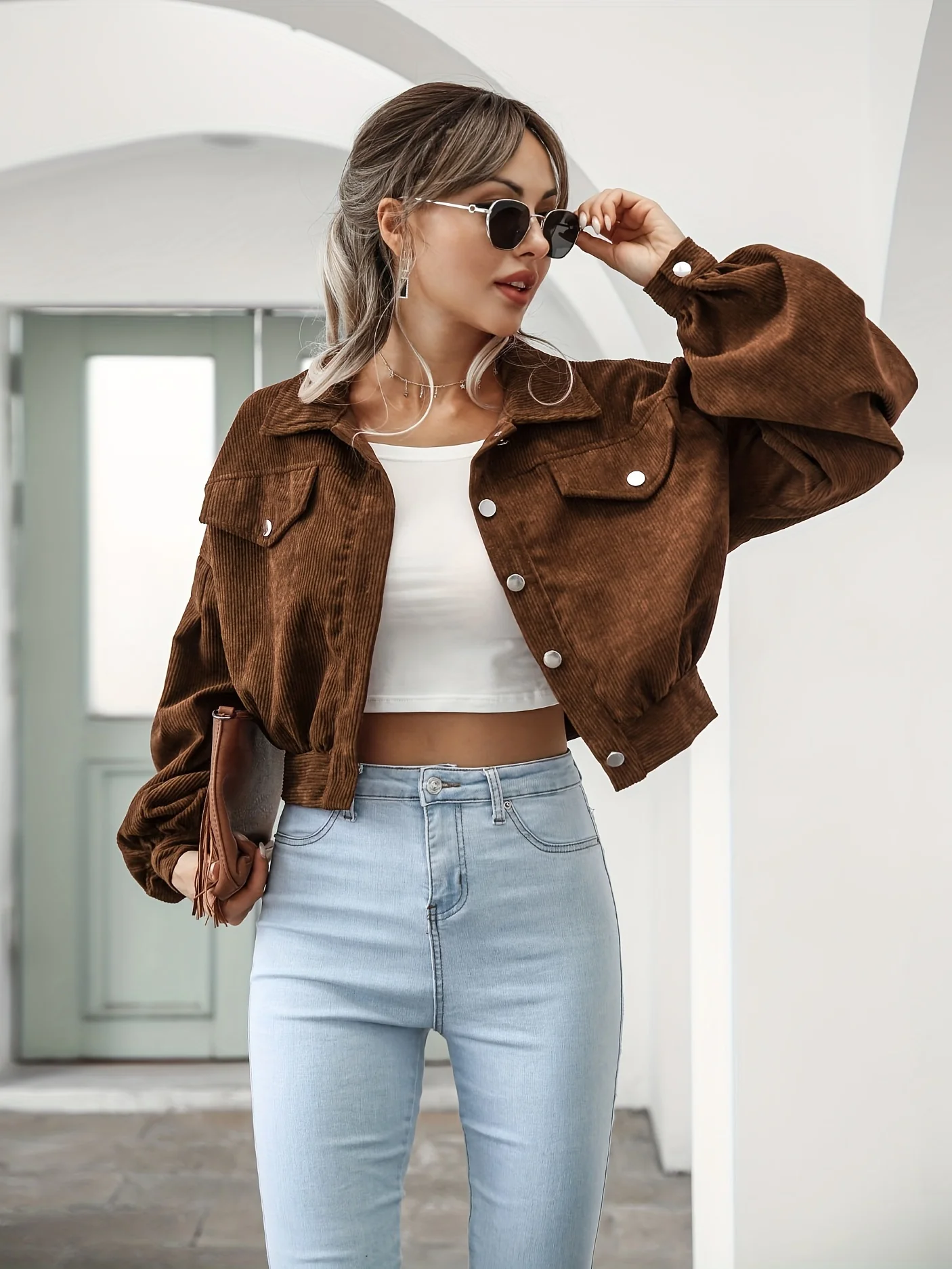 Casual Corduroy Crop Jacket, Lapel Lantern Long Sleeve Fashion Loose Crop Outerwear, Women's Clothing - Deanwangkt