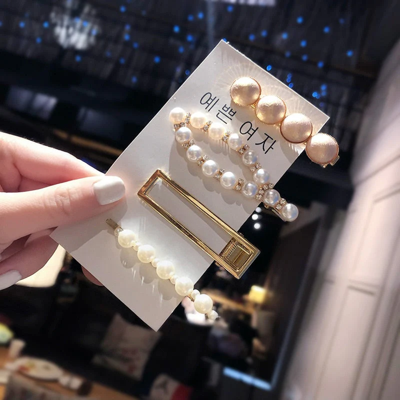 3/4/5pcs/Set Women Girls Elegant Full Pearls Geometric Hair Clips Sweet Hair Ornament Hairpin Barrette Headband Hair Accessories - Deanwangkt