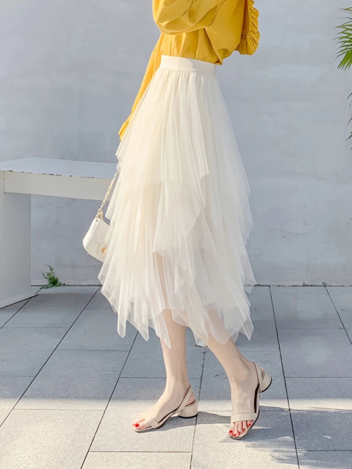 Hanky Hem Lace Tiered Skirt, High Waist Mid Calf Skirt For Spring & Summer, Women's Clothing - Deanwangkt