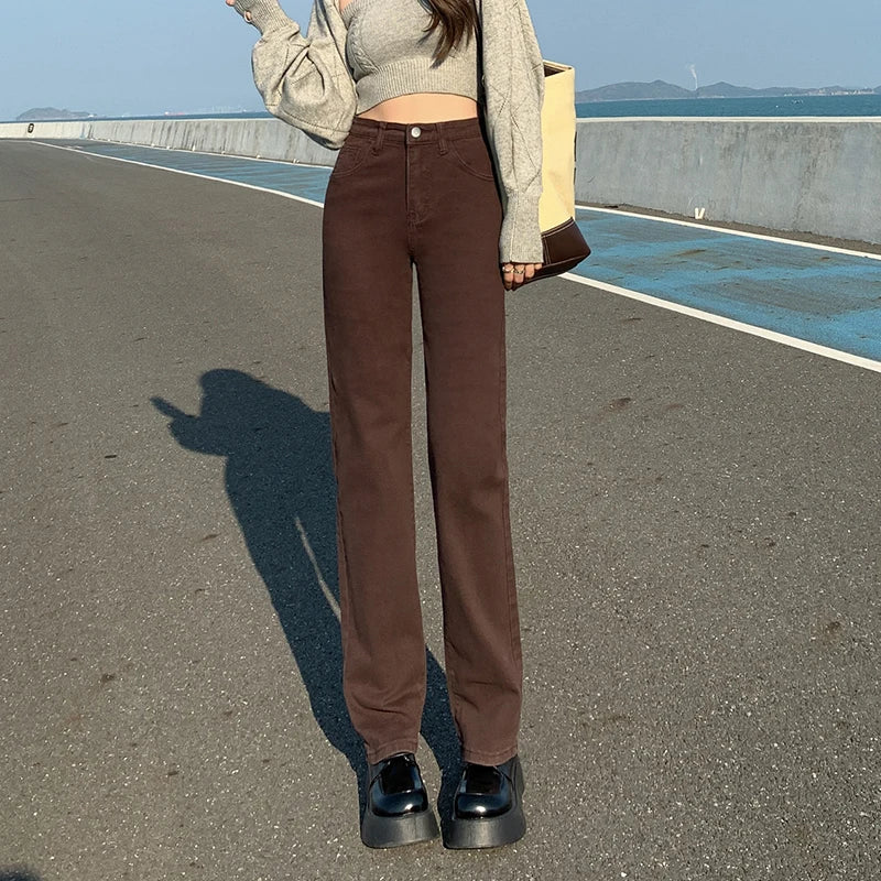 deanwangkt Straight Jeans Woman High Waisted Stretch Cotton Denim Khaki Pants Vintage Streetwear Brown Y2k Fashion Jeans Female - Deanwangkt