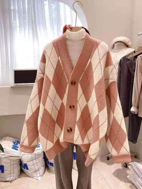 deanwangkt Korean Loose Winter Ladies Cardigan V-neck Check Plaid Coat Knitted Women's Sweater Long Sleeve Women Jacket QT1028 - Deanwangkt