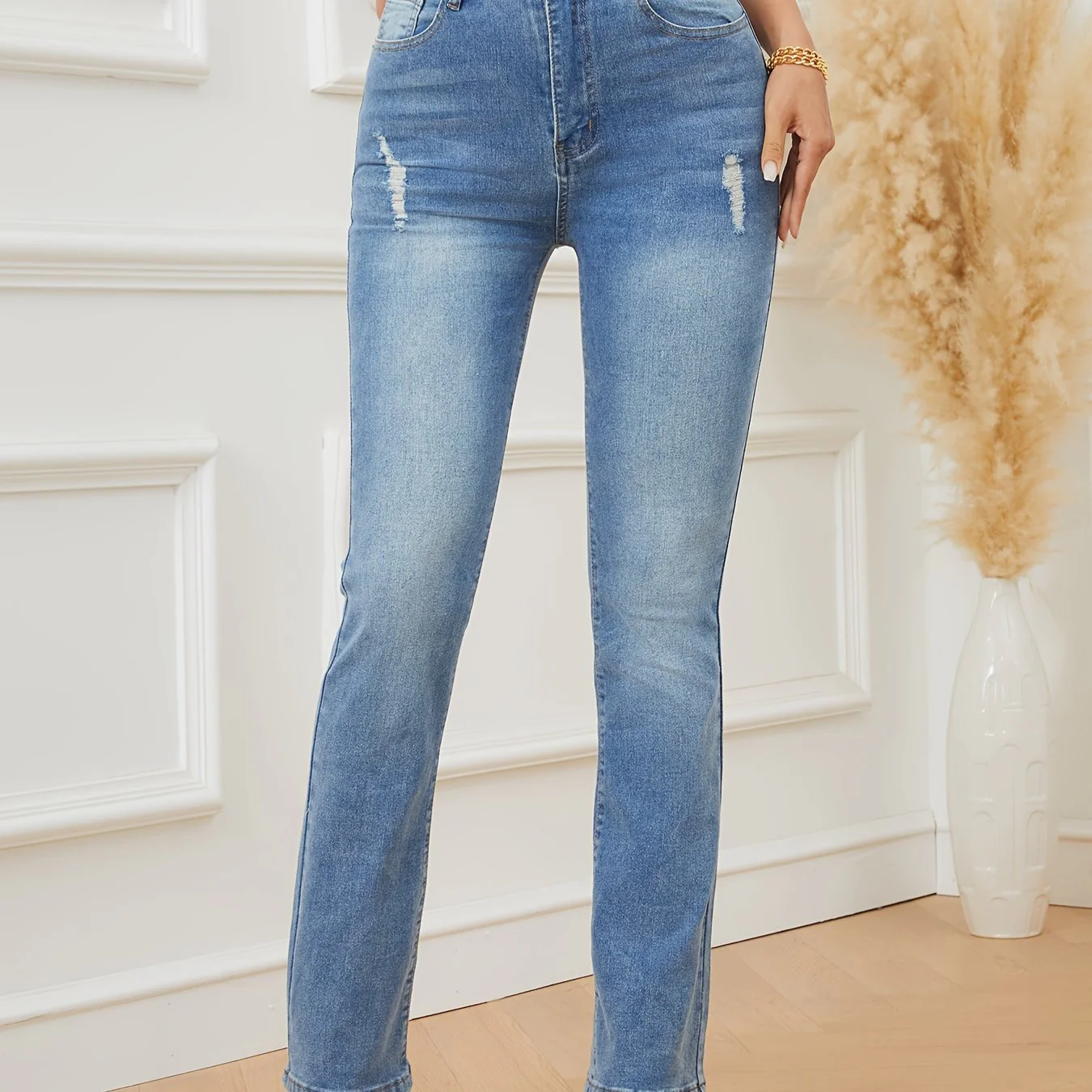 Plain Ripped Holes Bootcut Jeans, High-Stretch Slant Pockets Slim Fit Denim Pants, Women's Denim Jeans & Clothing - Deanwangkt