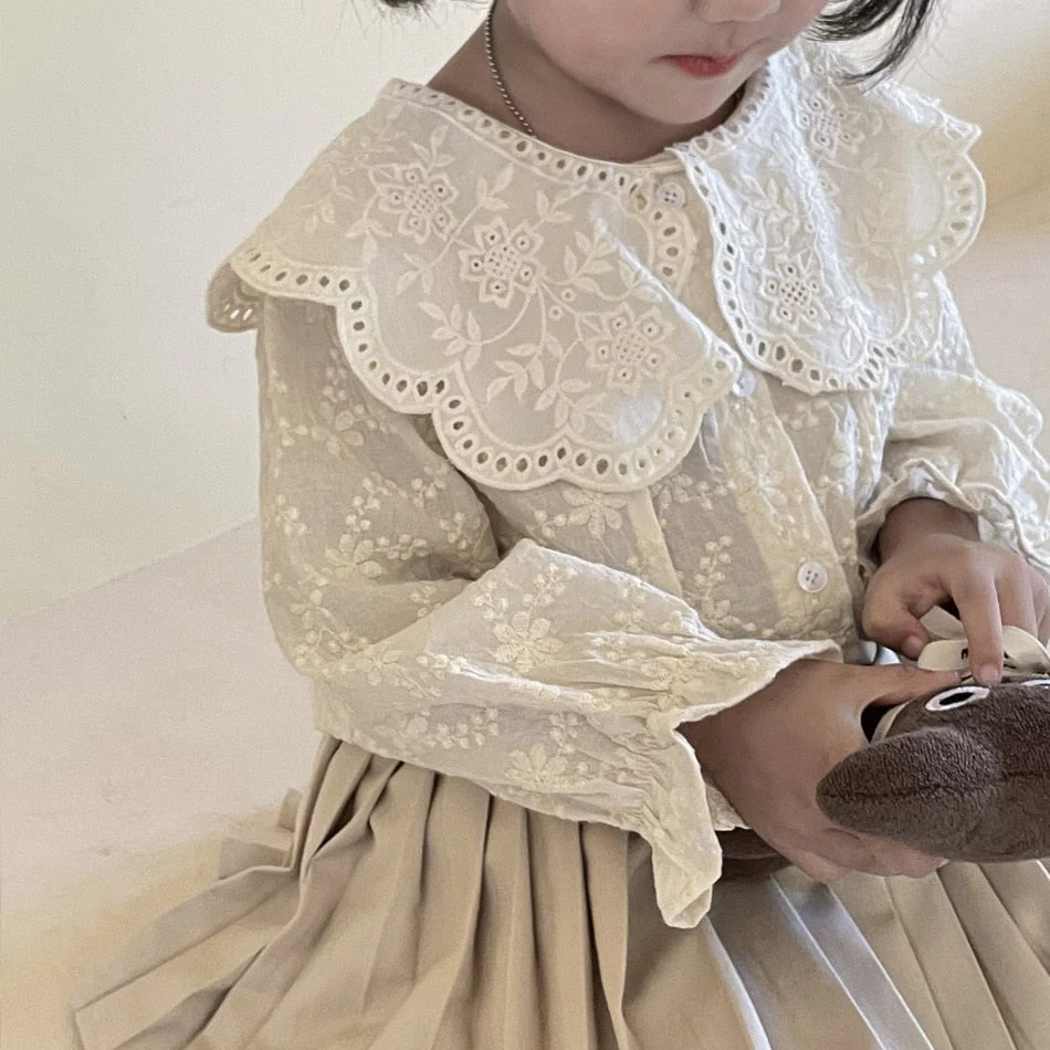 deanwangkt Spring Autumn baby girls lace Hollow out shirts 2-7 Years Girl cotton embroidery Lapel long sleeve blouses Tops - Deanwangkt