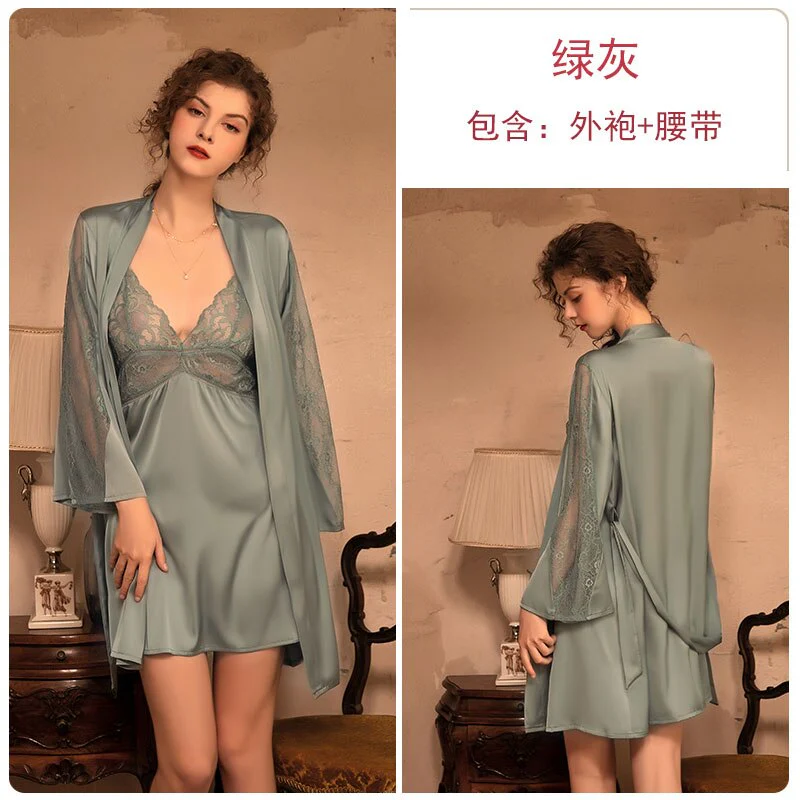 deanwangkt 3 Piece Lingerie Set with Robe Satin Pajamas Dress Cardigan Long Sleeve Top Sexy Sleepwear Bath Female Adult Nightwear Nightgown - Deanwangkt