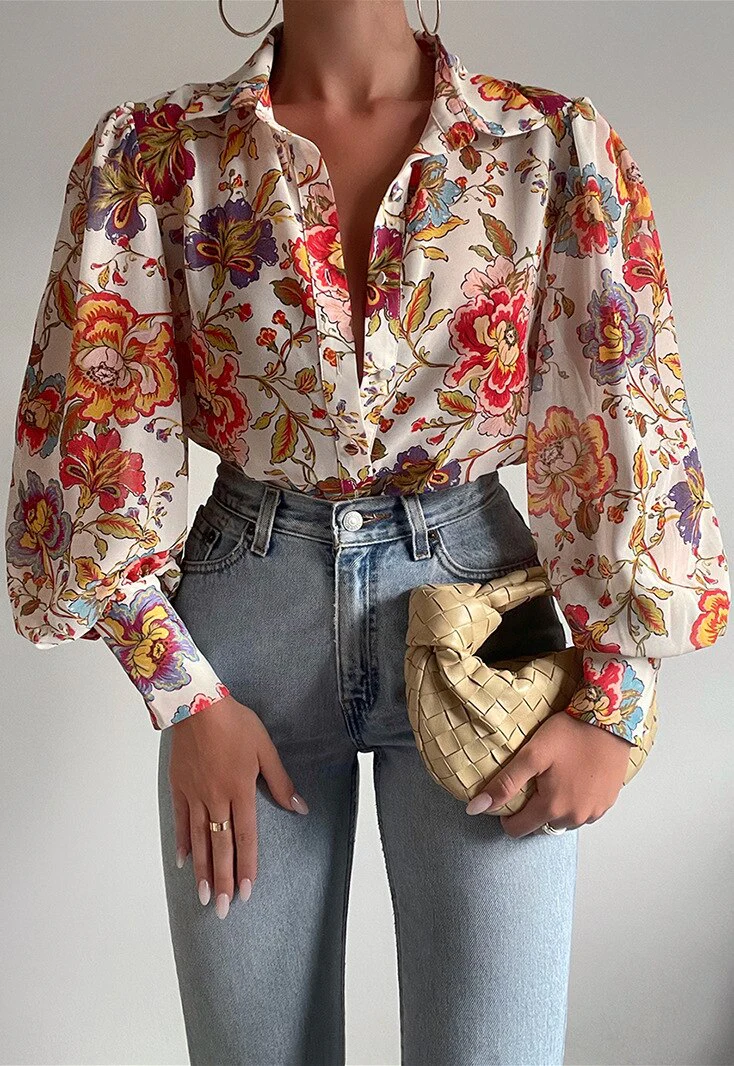 deanwangkt Spring Fashion Shirt Women's Blouses Elegant V-neck Print Puff Sleeve Office Shirts Female Summer New Formal Ladies Top - Deanwangkt