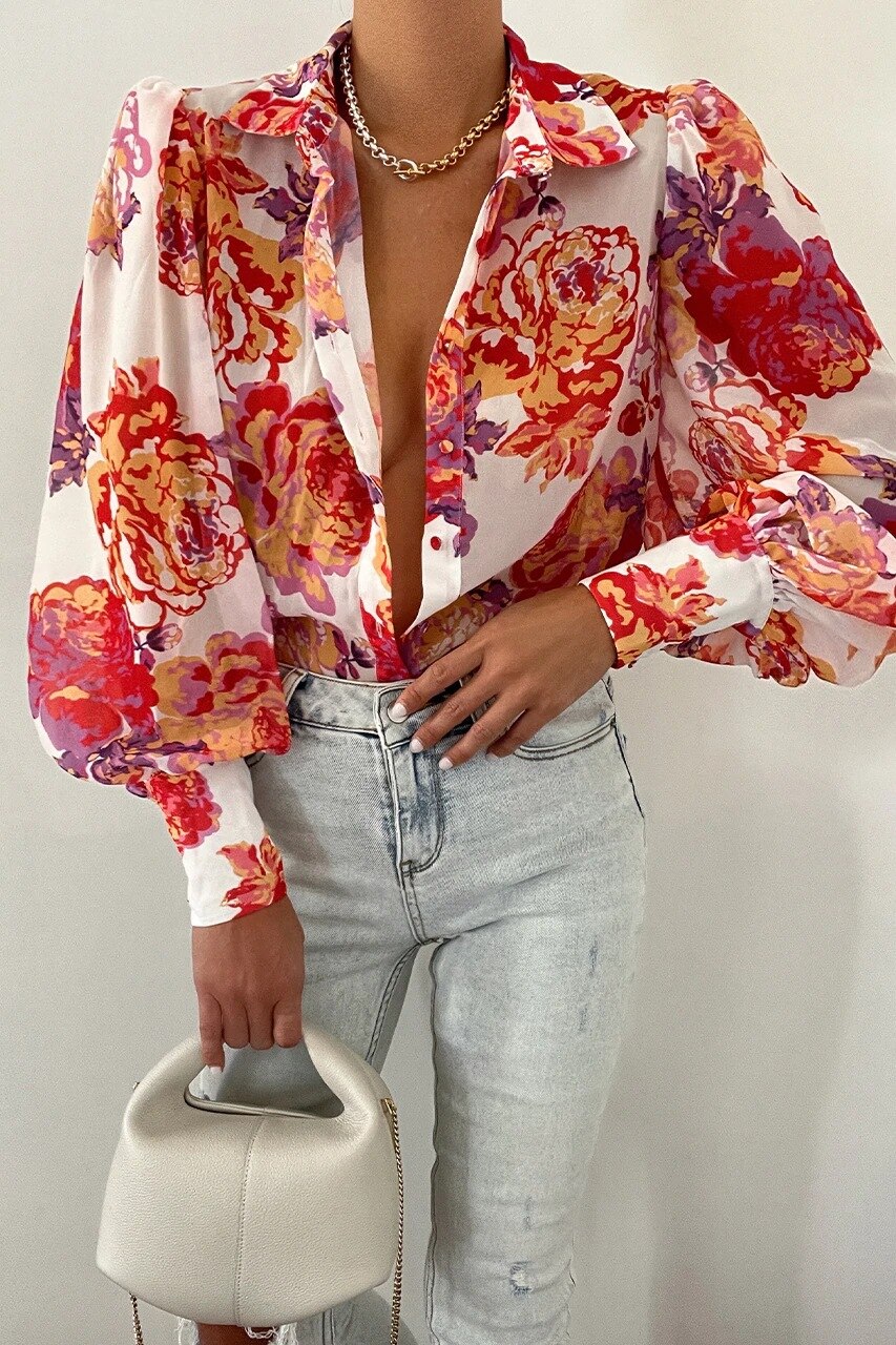 deanwangkt Spring Fashion Shirt Women's Blouses Elegant V-neck Print Puff Sleeve Office Shirts Female Summer New Formal Ladies Top - Deanwangkt