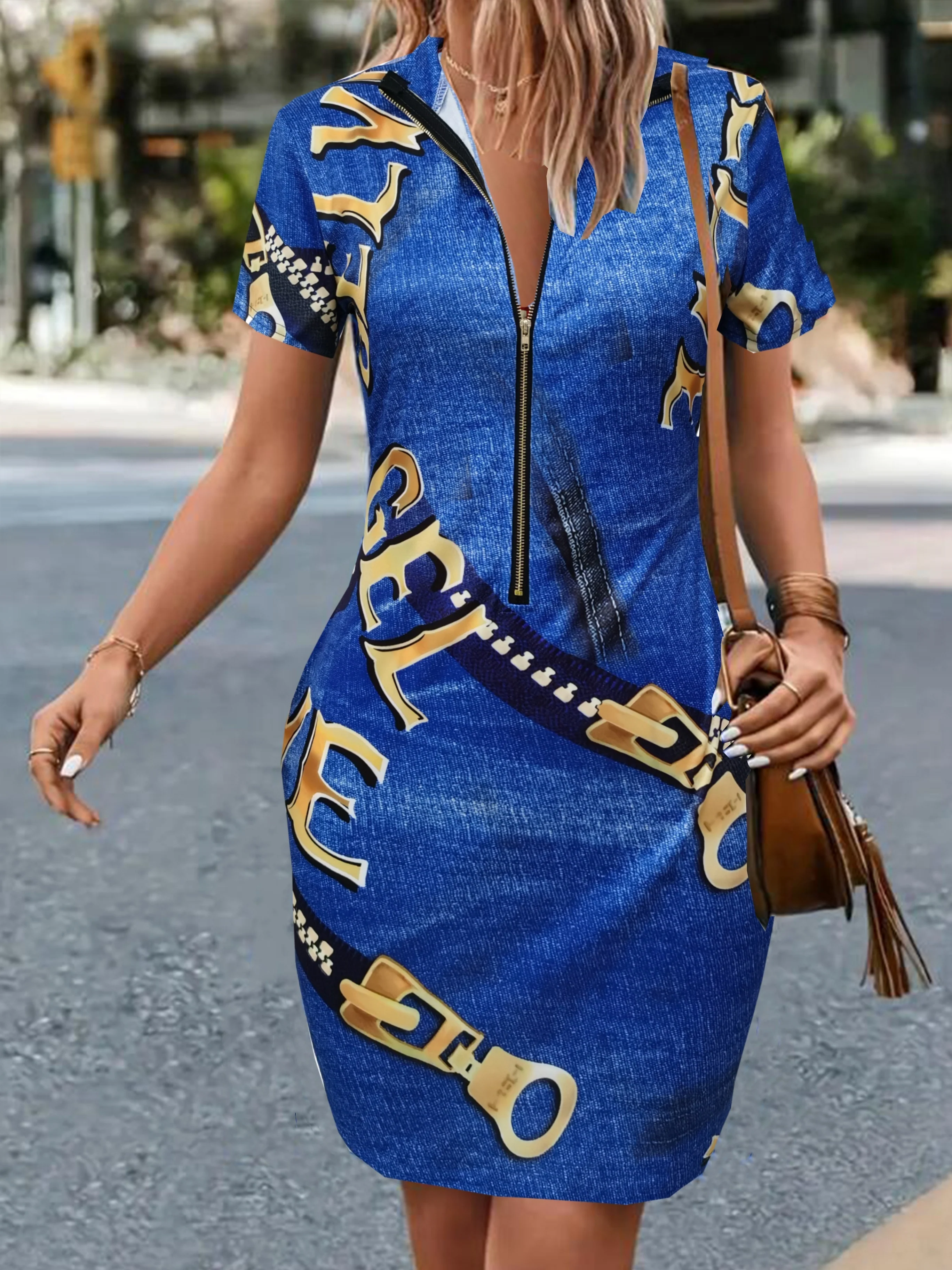 deanwangkt-1 V-neck Zipper Print Slim Dress, Casual Short Sleeve Waist Summer Bodycon Dresses, Women's Clothing - Deanwangkt