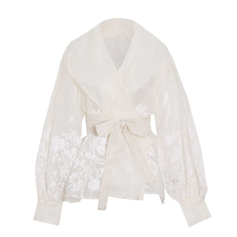 deanwangkt Vintage Print Embroidery Shirt For Women Lapel Lantern Long Sleeve Casual Blouse Female Fashion New Clothes - Deanwangkt