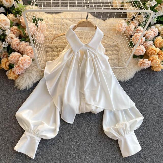 Spring Autumn New Blouse Women Halter Scheming Halter Shirt Bowknot Lapel Puff Sleeve Female Top C031 - Deanwangkt