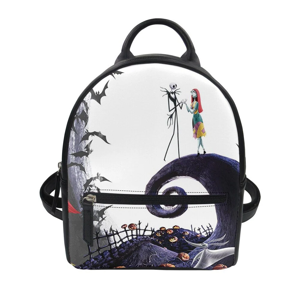 deanwangkt  Nightmare Before Christmas Print Women's Backpack Trend PU Leather Women's Waterproof  Daily Backbags - Deanwangkt