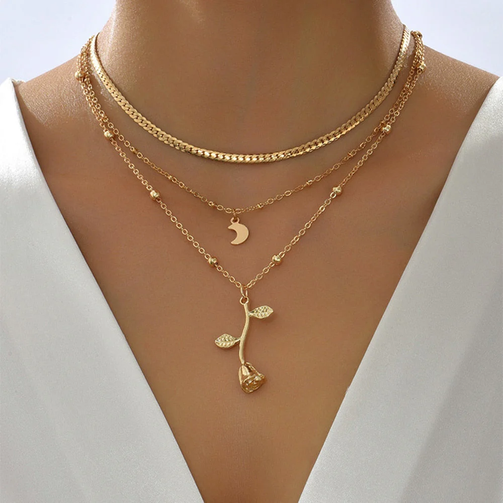 deanwangkt Bohemia Multilayer Moon Gold Pendant Necklaces For Women Rose Flower Choker Necklace  Fashion Jewelry Party Gift - Deanwangkt