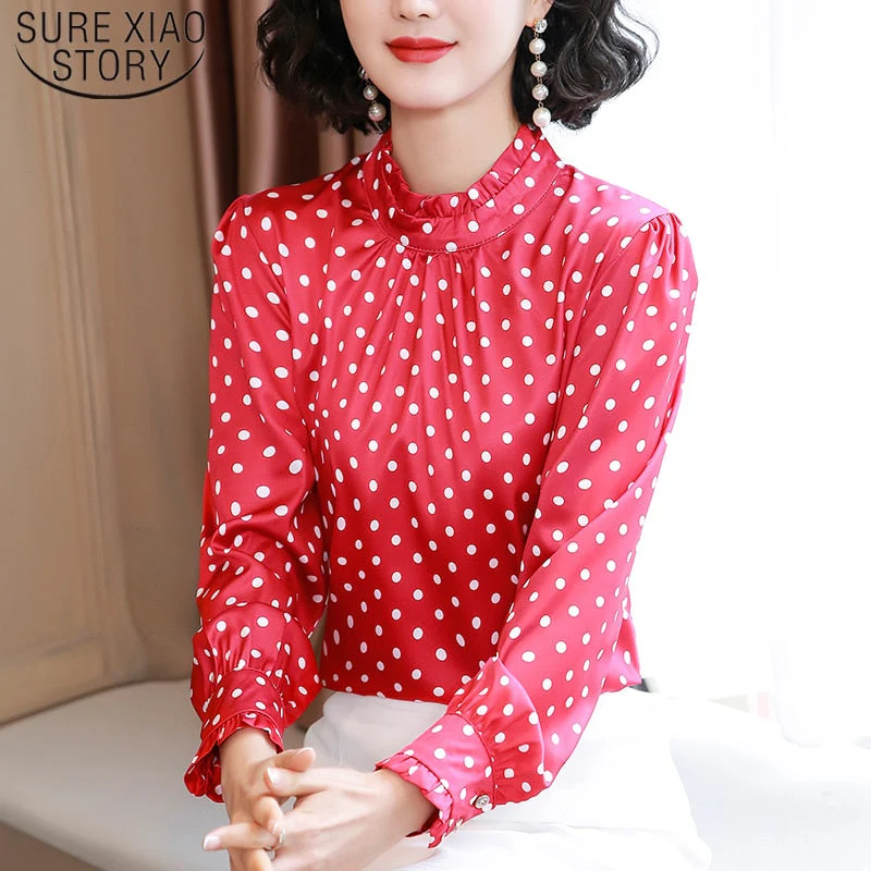 Graduation Gifts  Women Blouses Casual Stand Collar Autumn Fashion Women Shirts Blouses Long Sleeve Polka Dot Women Tops  Fashion Blusas 10589 - Deanwangkt