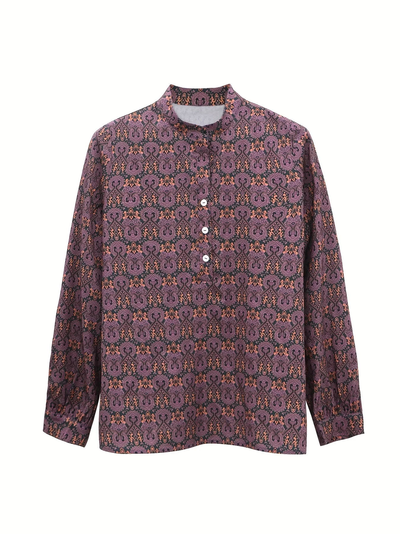 Ethnic Floral Print Blouse, Casual Half Button Long Sleeve Blouse, Women's Clothing - Deanwangkt
