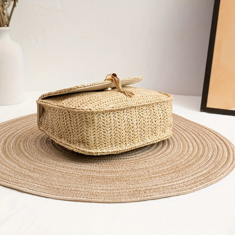 Mini Woven Straw Saddle Bag, Trendy Chain Crossbody Bag, Women's Tassel Beach Bag - Deanwangkt