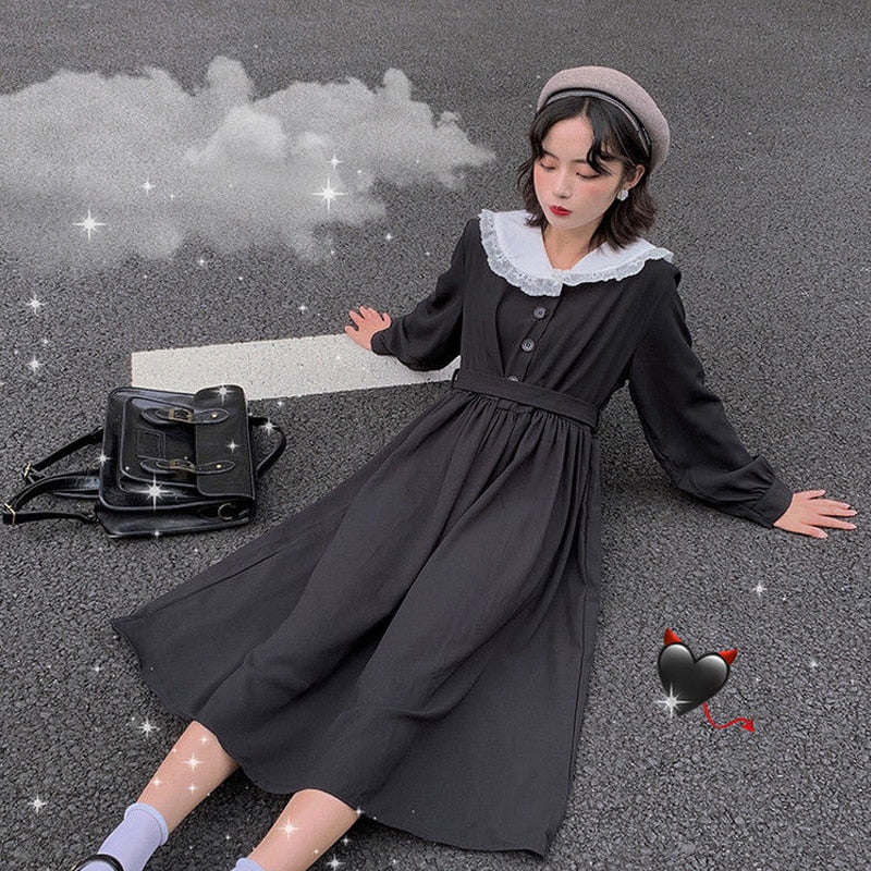Christmas Gift Autumn Gothic Lolita Kawaii Dress Women Peter Pan Collar Long Sleeve Black Midi Dress Lace-up Mall Goth Japanese Harajuku - Deanwangkt