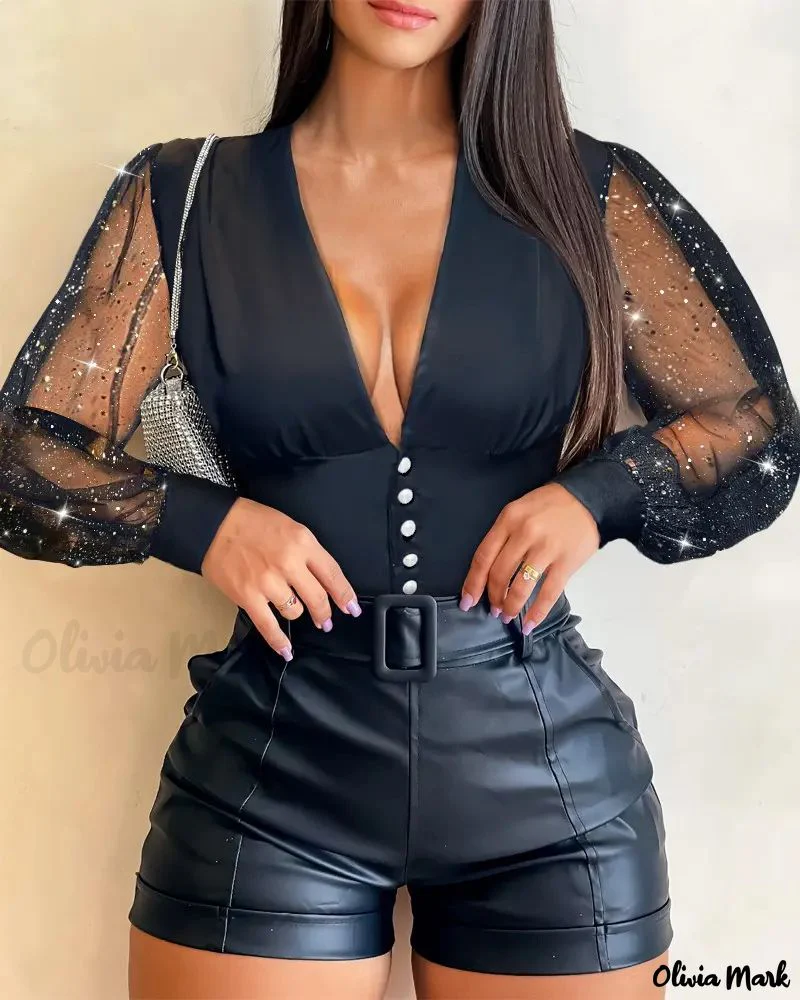 Deanwangkt - Glitter Contrast Mesh Long Sleeve Top - Deanwangkt