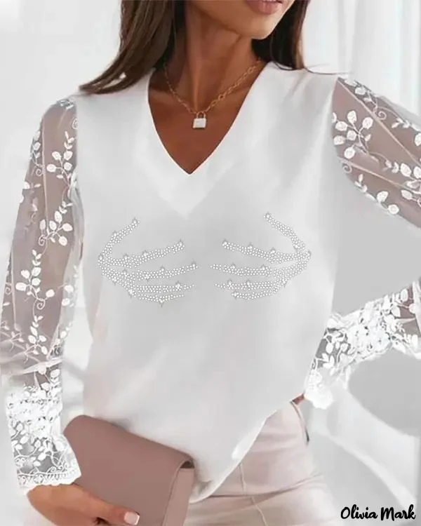 Deanwangkt - Halloween Rhinestone Contrast Lace Long Sleeve Top - Deanwangkt