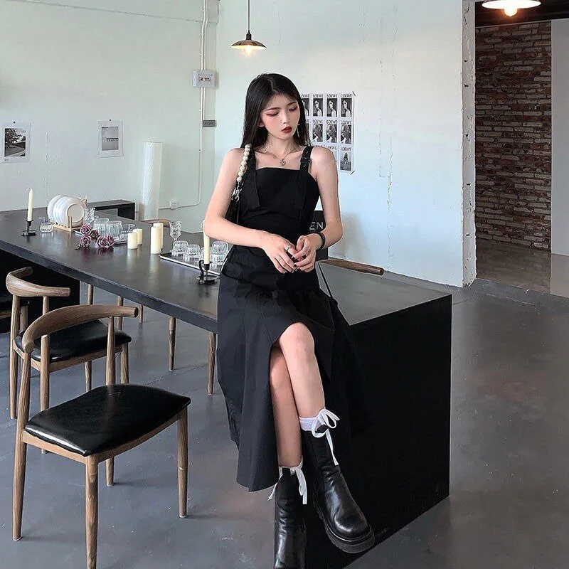 Christmas Gift  Fashion Korean Style Dress Deanwangkt Streetwear Women Summer Sundress Goth Gothic Punk Rock Harajuku Midi Dress Bandage Party - Deanwangkt