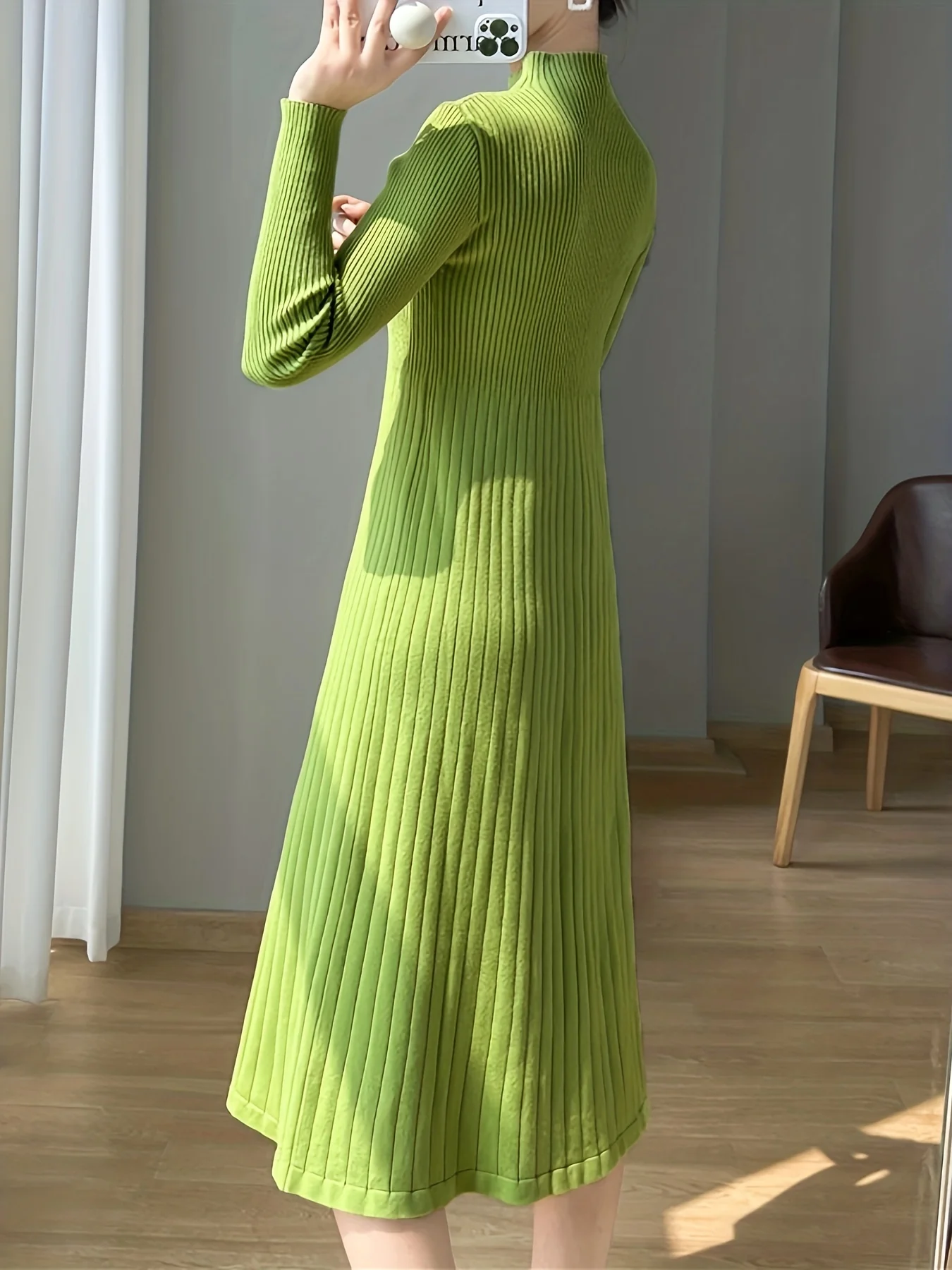 deanwangkt-1  Ribbed Mock Neck Dress, Casual Long Sleeve Midi Dress, Women's Clothing - Deanwangkt