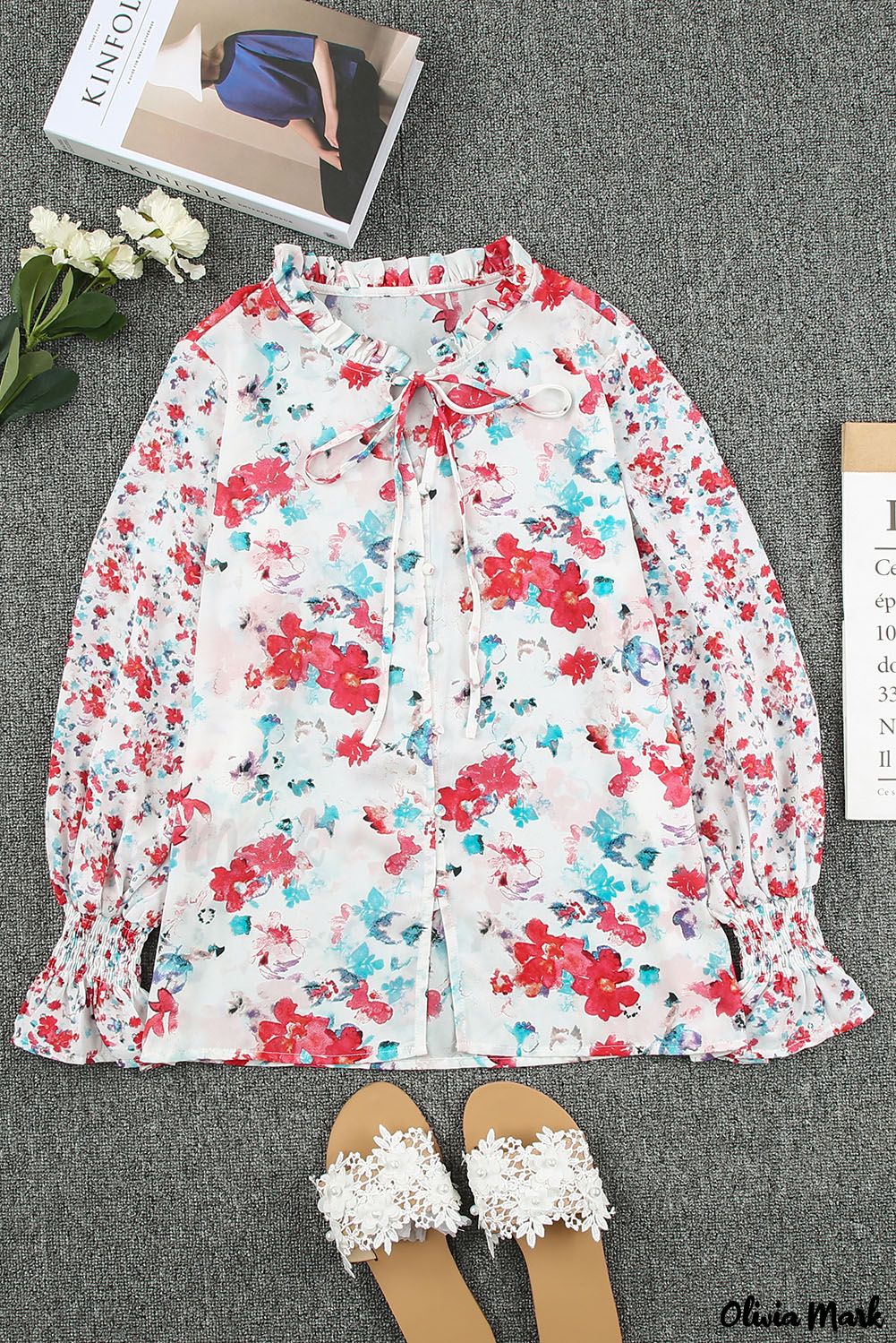 Deanwangkt - Cakewalk Red Floral Smocked Blouse - Deanwangkt