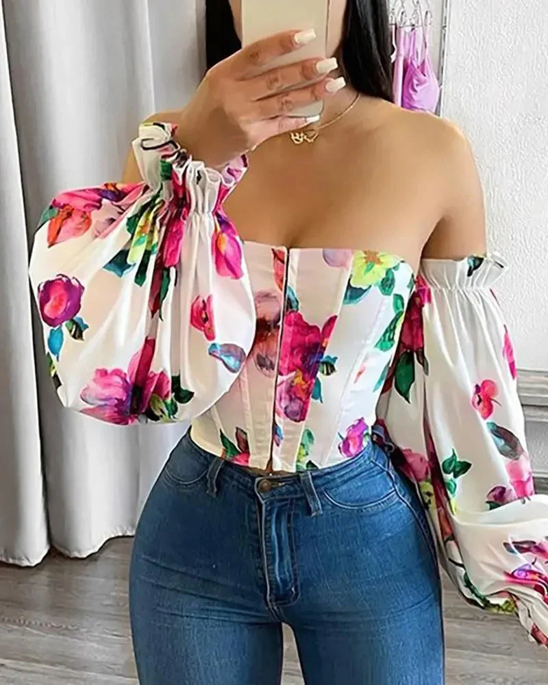 Deanwangkt - Off The Shoulder Lantern Sleeve Floral Print Top - Deanwangkt