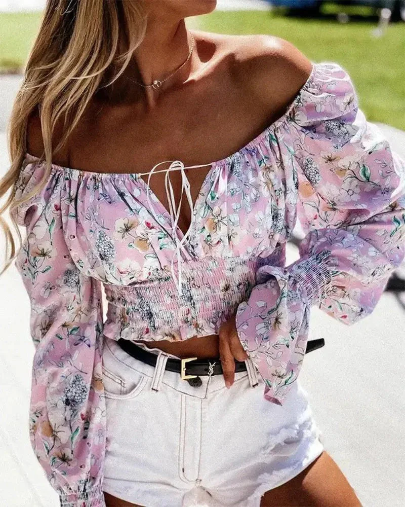Deanwangkt - Off The Shoulder Floral Print Crop Top - Deanwangkt