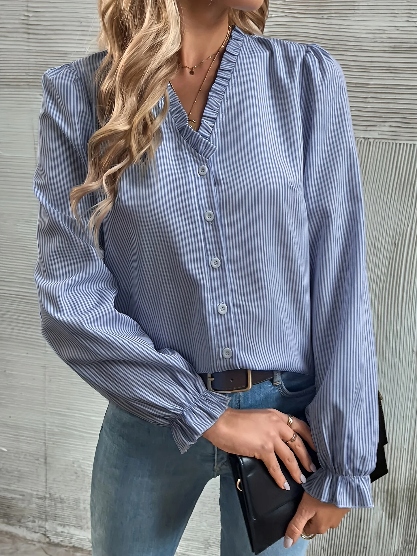 deanwangk Striped Print Lettuce Trim Blouse, Elegant V Neck Button Front Blouse, Women's Clothing - Deanwangkt