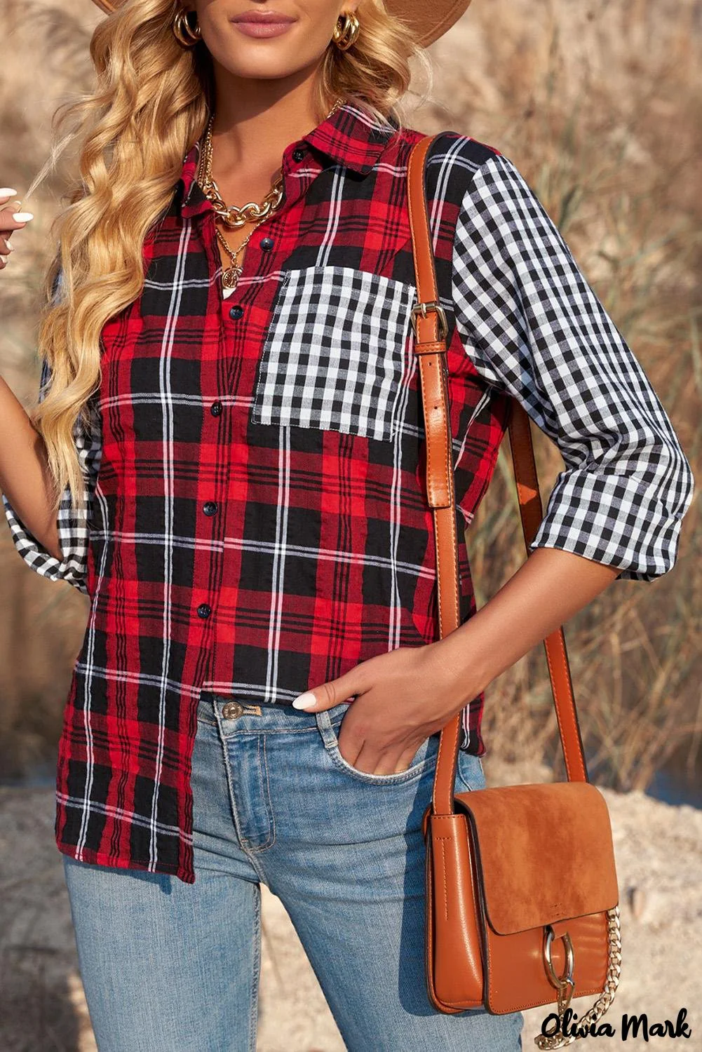 Deanwangkt - Checkered Plaid Shirt with Colored Pockets and Long Sleeve Turn-Down Collar Red - Deanwangkt