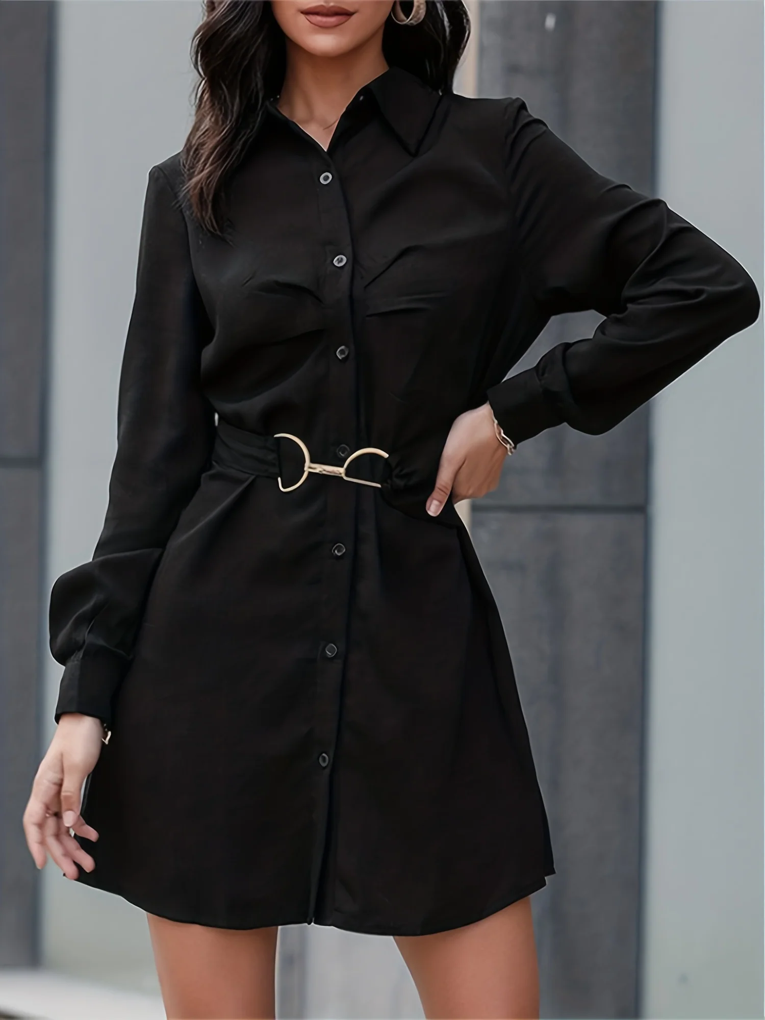 deanwangkt-1  Button Front Solid Shirt Dress, Casual Long Sleeve Mini Dress, Women's Clothing - Deanwangkt