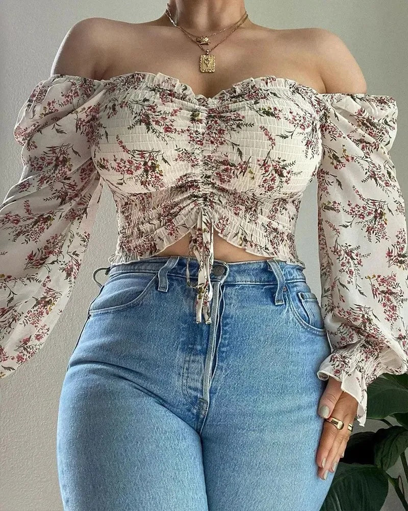 Deanwangkt - Floral Print Drawstring Off Shoulder Cropped Top - Deanwangkt