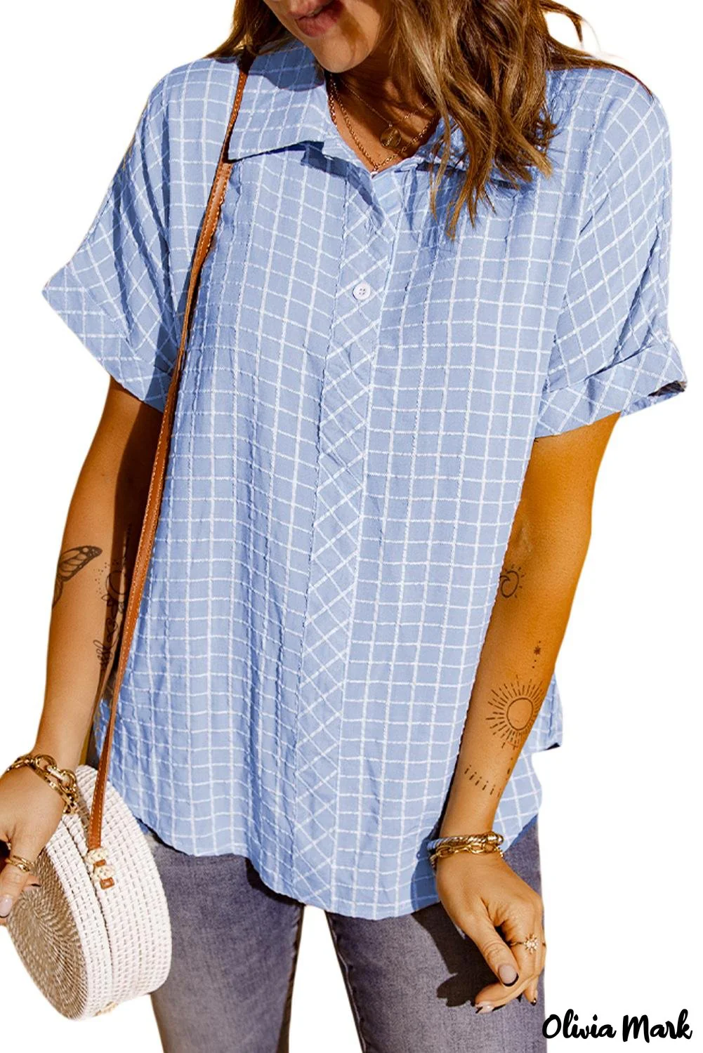 Deanwangkt - Sky Blue Check Rolled Short Sleeve Button Down Shirt - Deanwangkt