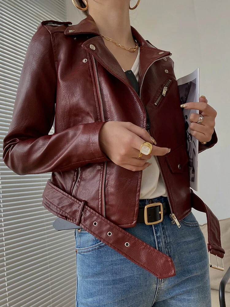 Black Friday Sales New Spring Autumn Women Moto Biker Pu Faux Leather Short Jacket With Belt Streetwear Female Zipper Classic Coat Outwear - Deanwangkt
