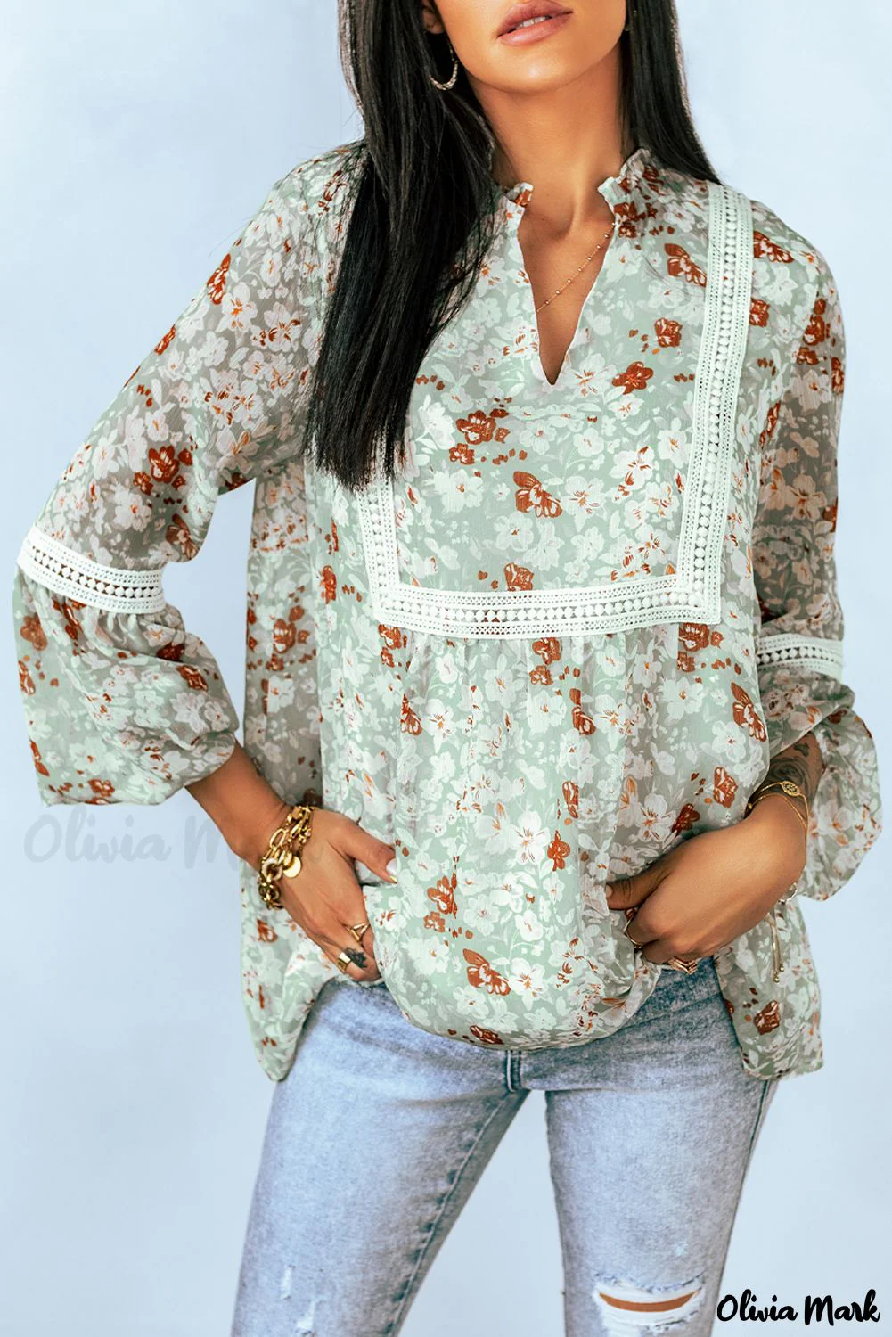 Deanwangkt - Green blouse with floral print and crochet lace - Deanwangkt