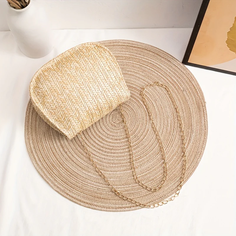 Mini Woven Straw Saddle Bag, Trendy Chain Crossbody Bag, Women's Tassel Beach Bag - Deanwangkt