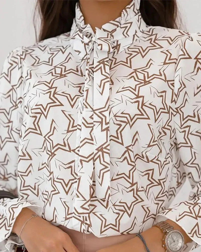 Deanwangkt - Star Print Tie Neck Long Sleeve Top - Deanwangkt