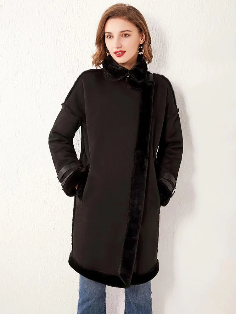 Black Friday Sales Autumn Winter Women Faux Suede Leather Fur Long Jacket Streetwear Female Moto Biker Brown Coat Lady Thick Warm Outwear - Deanwangkt