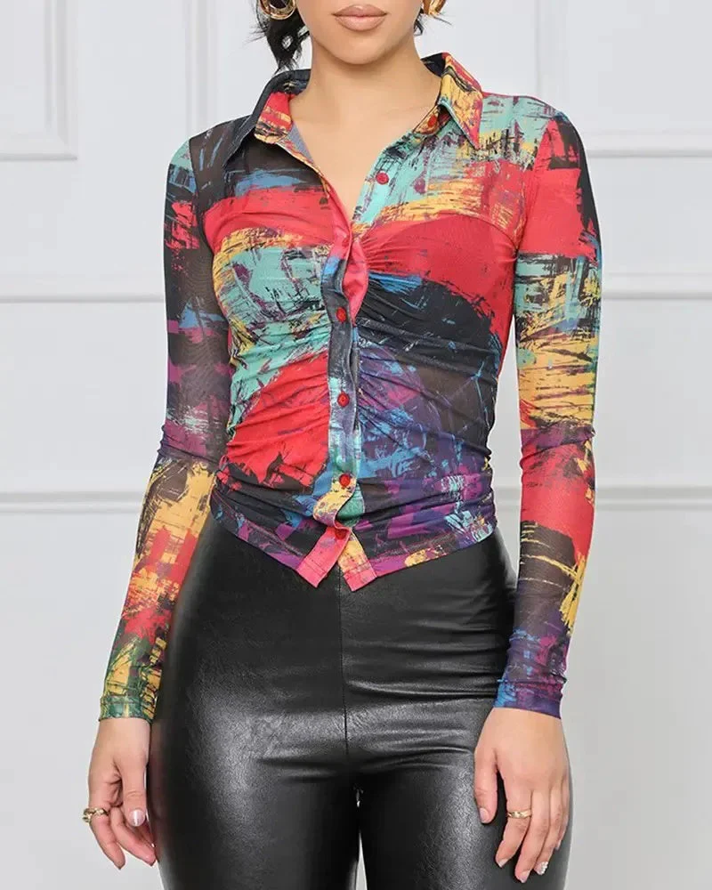 Deanwangkt - Abstract Print Button-Down Long Sleeve Top - Deanwangkt