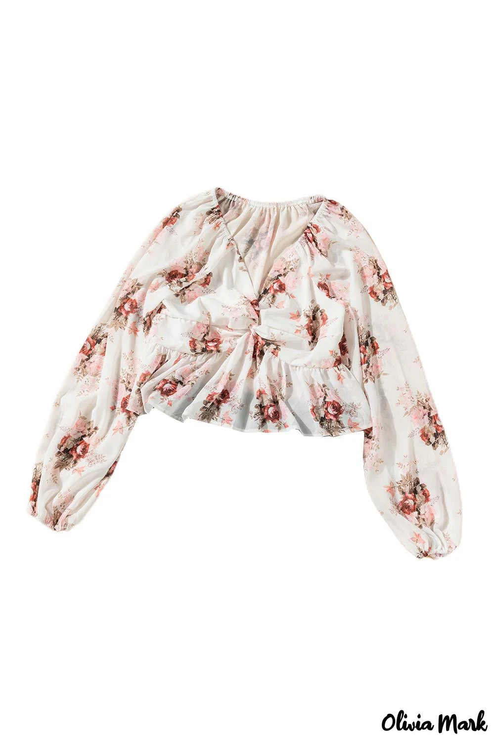 Deanwangkt - Beige Floral V-Neck Balloon Sleeve Twist Front Blouse - Deanwangkt