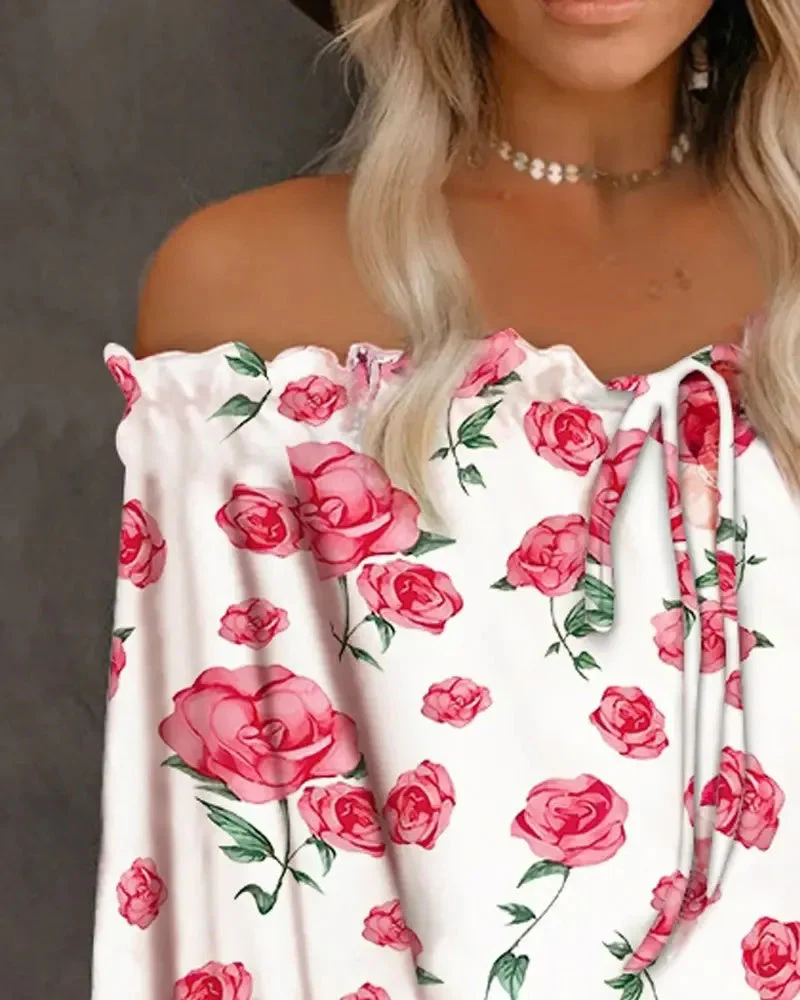 Deanwangkt - Floral Print Off Shoulder Frill Hem Top - Deanwangkt