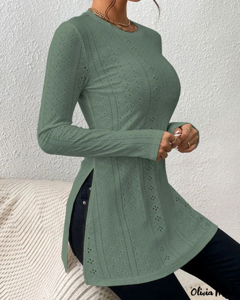 Deanwangkt - Womens Long Sleeve Eyelet Embroidery Slit Blouse - Deanwangkt