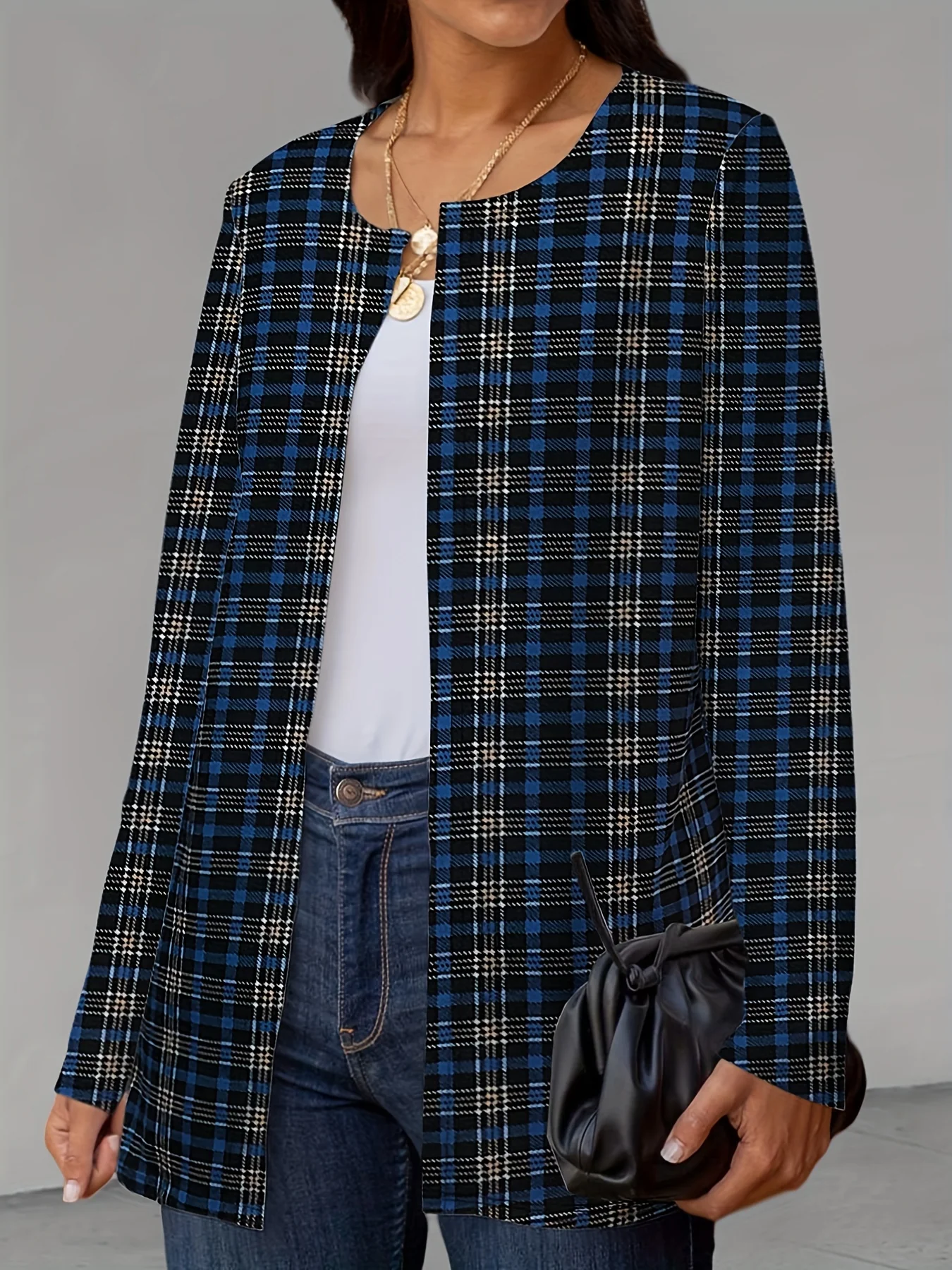 deanwangkt-1 Plaid Print Crew Neck Jacket, Casual Long Sleeve Outerwear For Fall, Women's Clothing - Deanwangkt