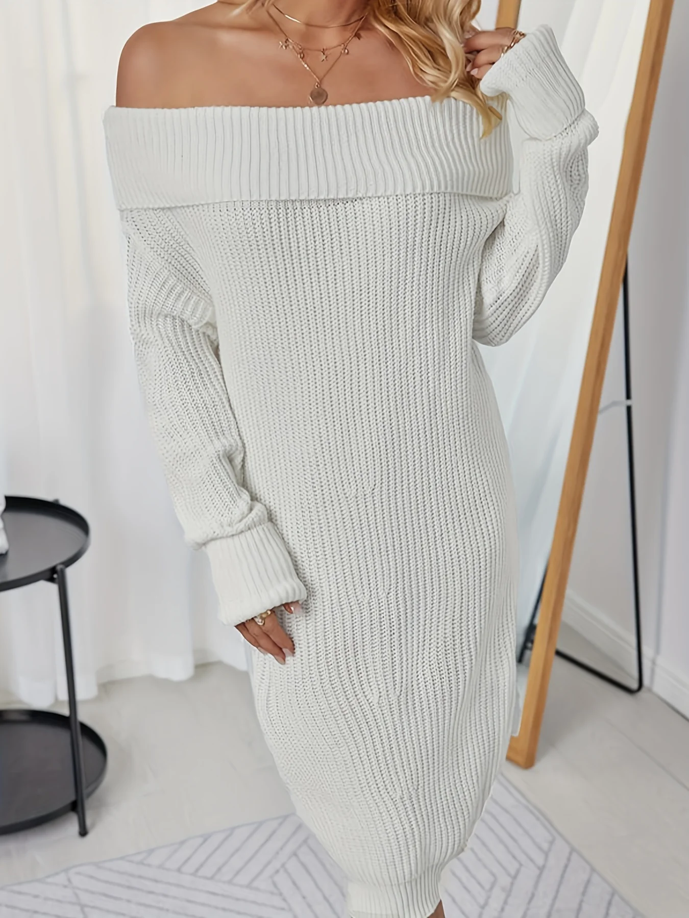 deanwangkt-1  Solid Off Shoulder Rib Knit Dress, Casual Long Sleeve Midi Dress For Fall & Winter, Women's Clothing - Deanwangkt