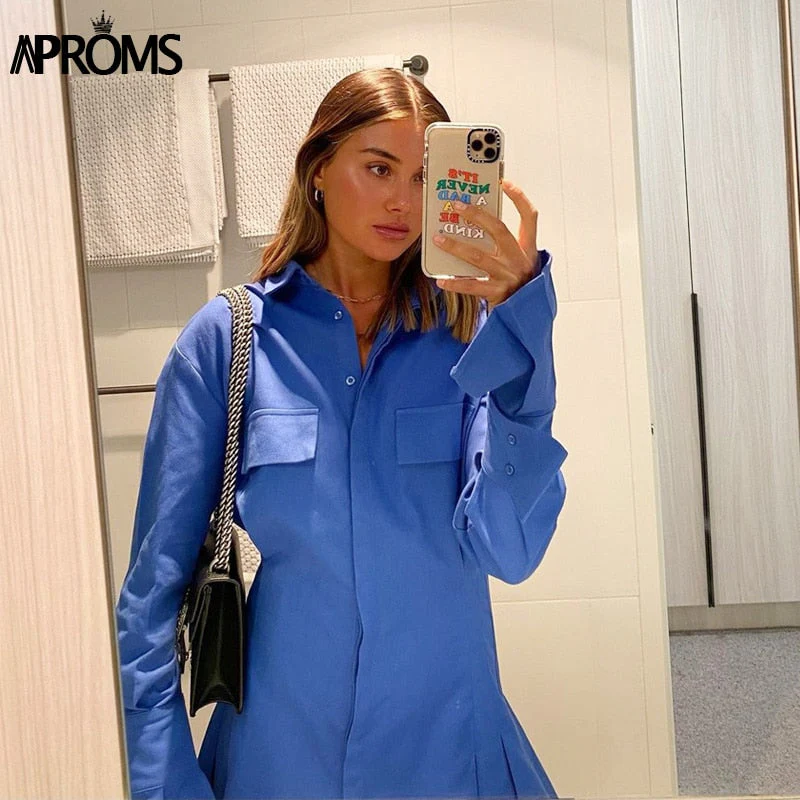 Christmas Gift Aproms Elegant Blue Cotton Shirt Dress Women Spring Deanwangkt High Fashion Solid Color Flared Sleeve Bodycon Mini Dresses OL Vestidos - Deanwangkt