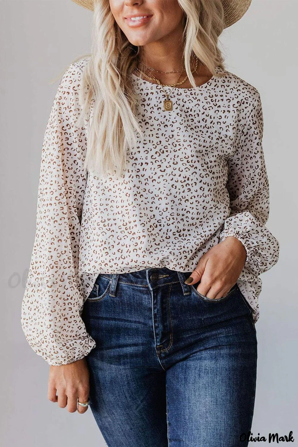 Deanwangkt - Leopard Long Sleeve Round Neck Blouse - Deanwangkt