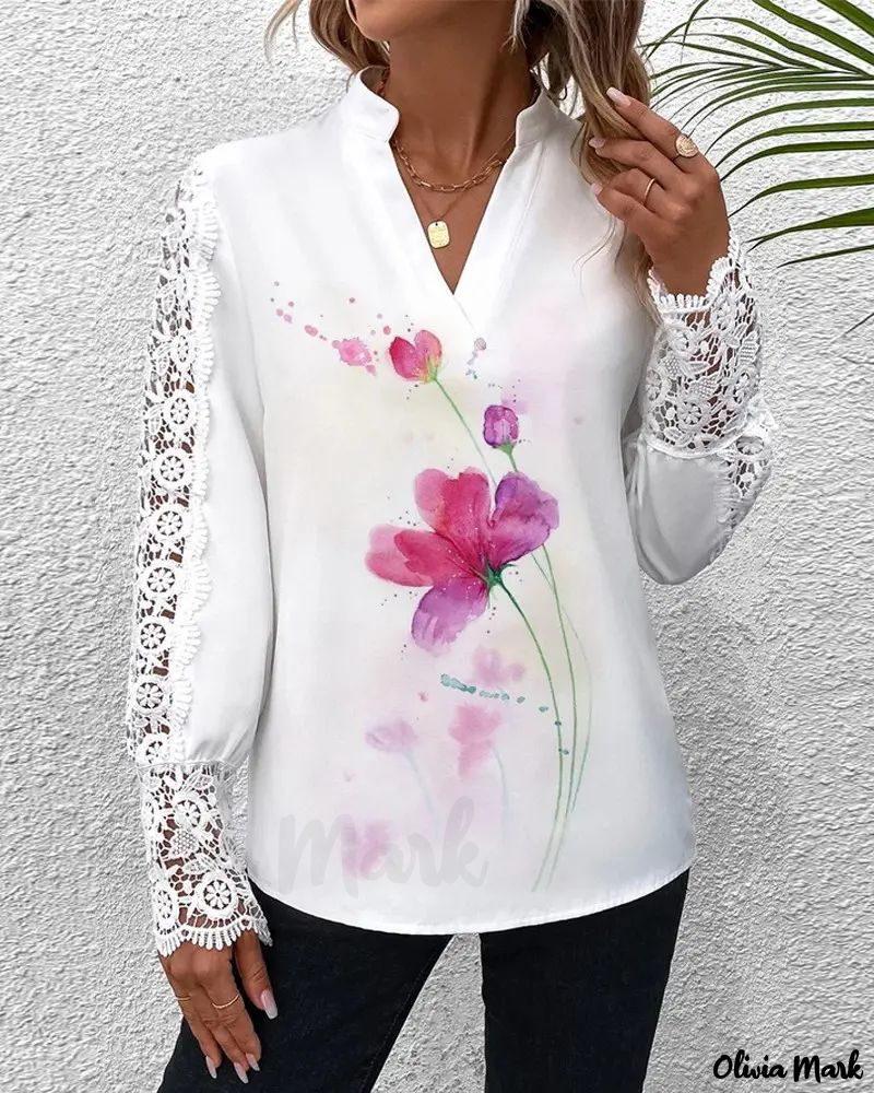 Deanwangkt - Floral Print Contrast Lace Long Sleeve Top - Deanwangkt