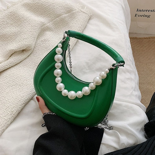 Back To College Deanwangkt Kawaii Tote PU Leather Half Moon Armpit Bag With Pearl Short Handle Women's Designer Handbag Luxury Shoulder Crossbody Bag - Deanwangkt