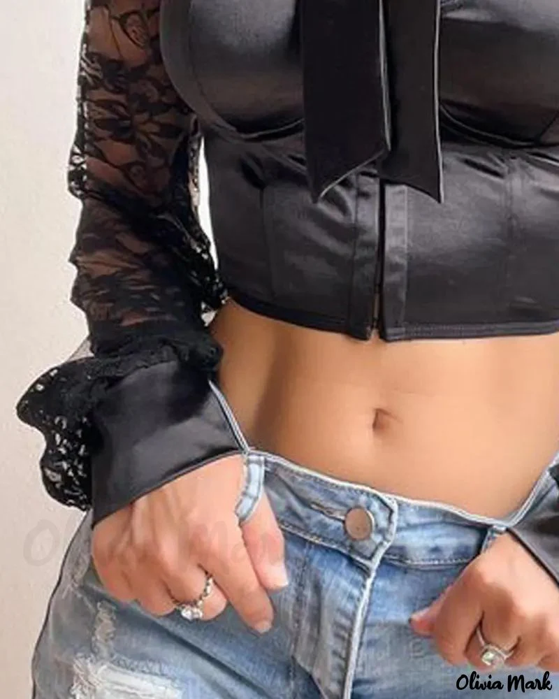 Deanwangkt - Contrast Lace Long Sleeve Cutout Crop Top - Deanwangkt