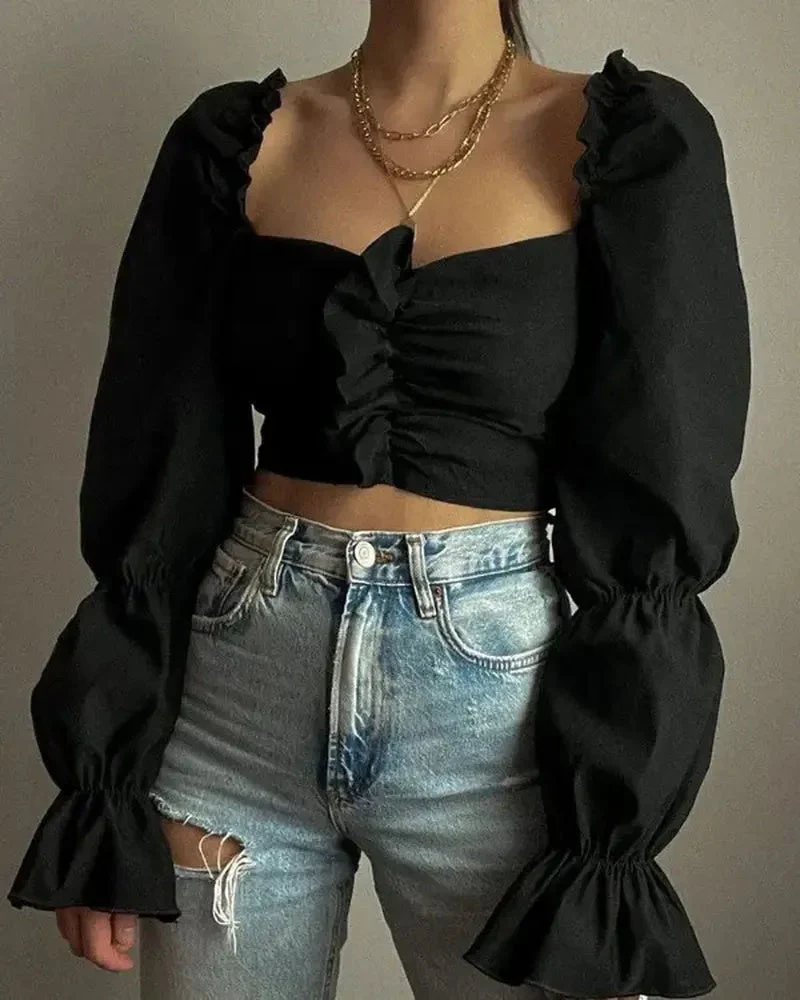 Deanwangkt - Ruched Long Sleeve Frill Hem Crop Top - Deanwangkt