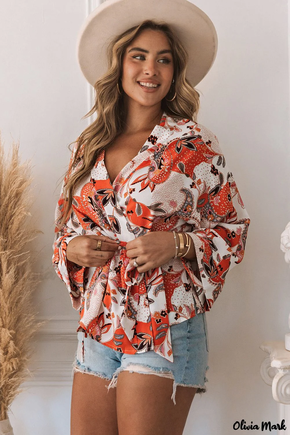 Deanwangkt - Orange floral wrap kimono blouse - Deanwangkt