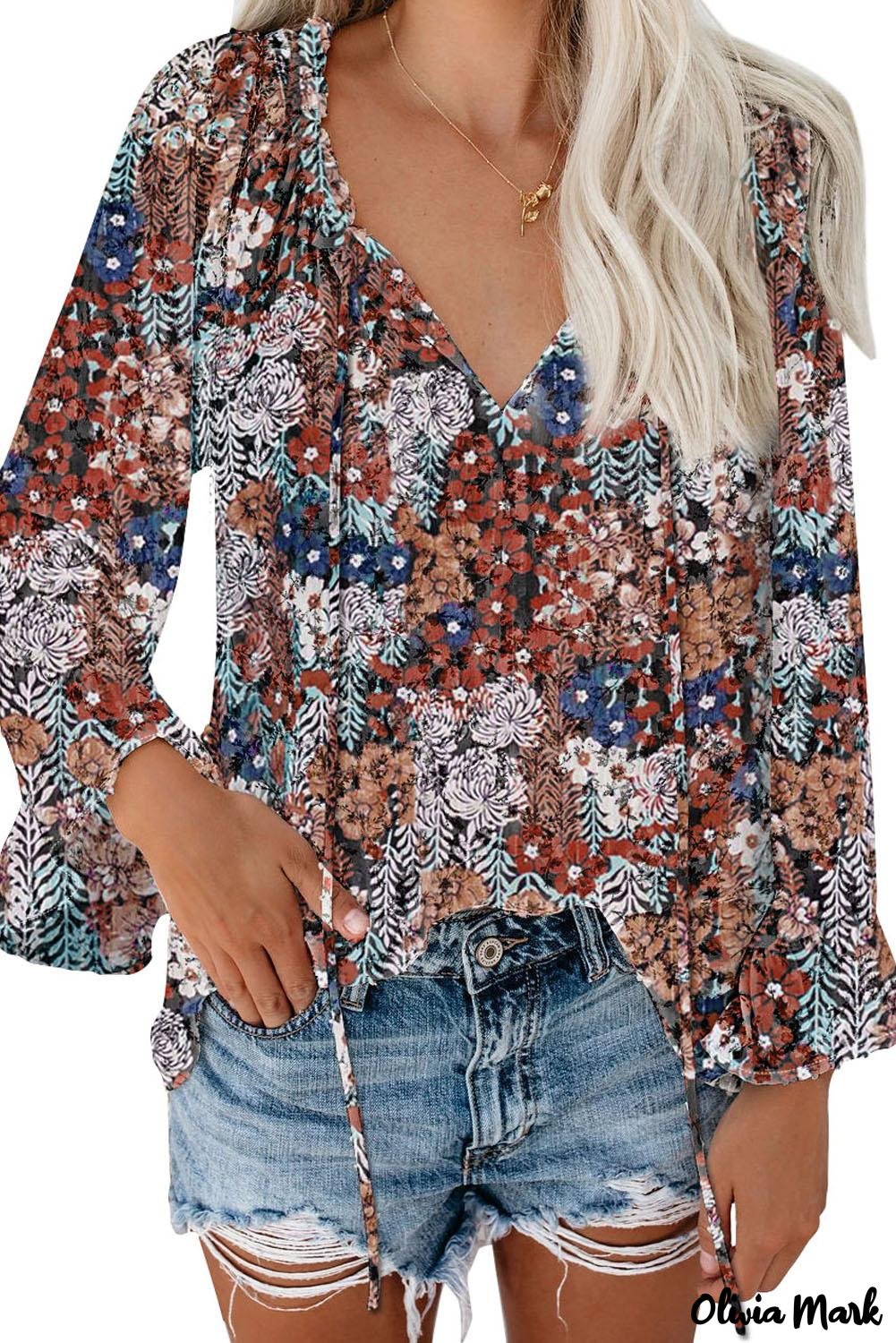 Deanwangkt - Multicolor Floral Print Drawstring Long Sleeve Blouse - Deanwangkt